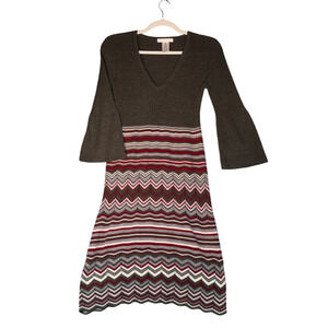 London Times Midi Sweater Dress Womens M Gray Maroon Chevron Lighter Weight Boho